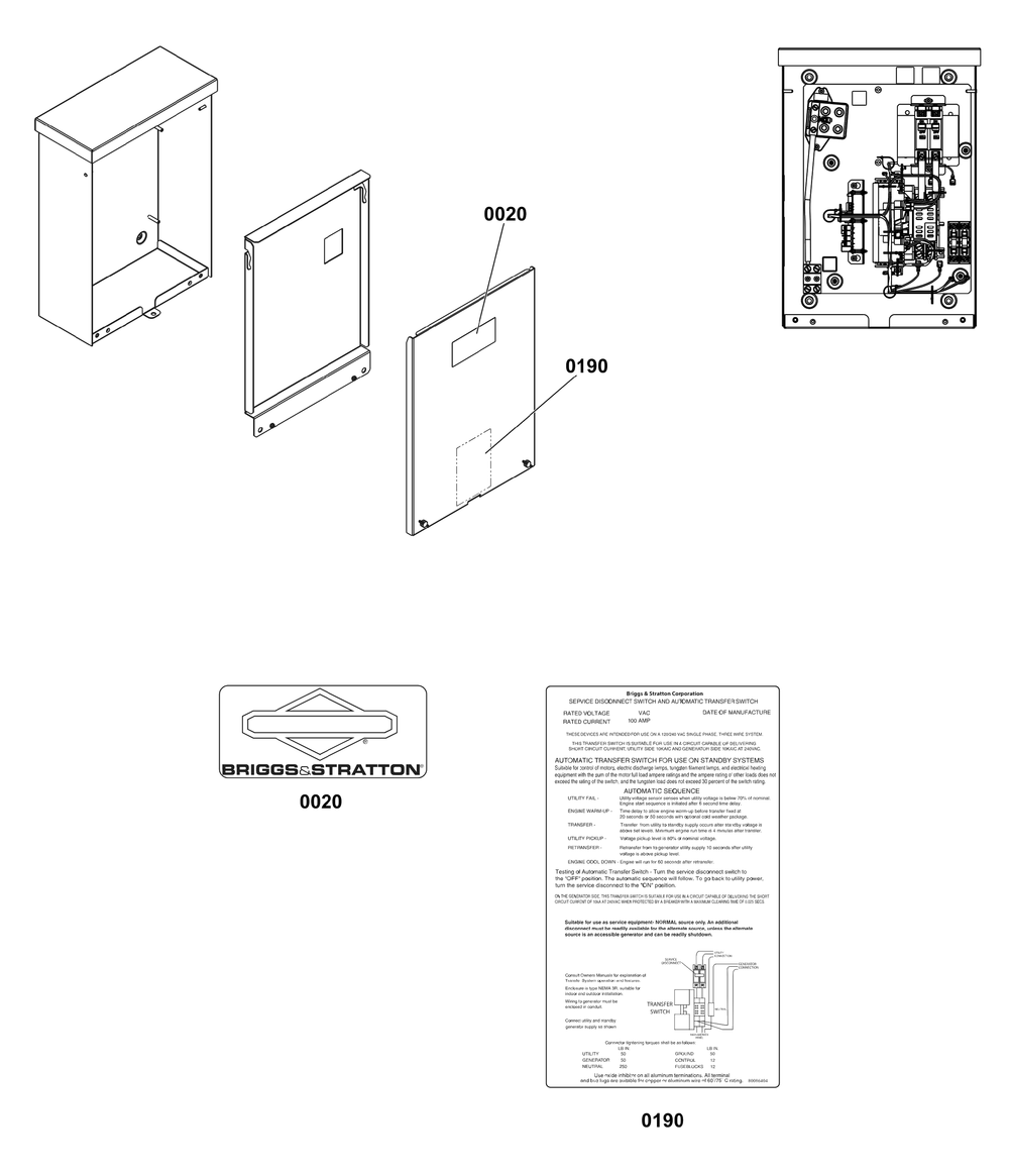 Decals Group - Ats Informational Diagram and Parts List for 071210-01  Briggs and Stratton Generator